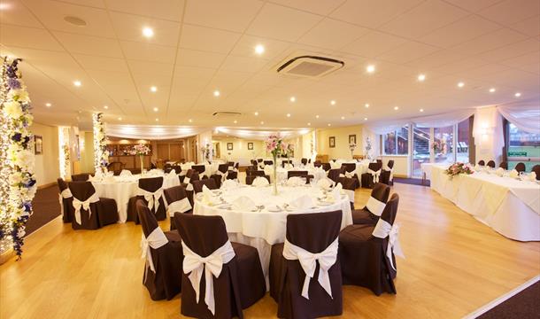 Wedding room set up at the Livermead Cliff Hotel, Torquay, Devon